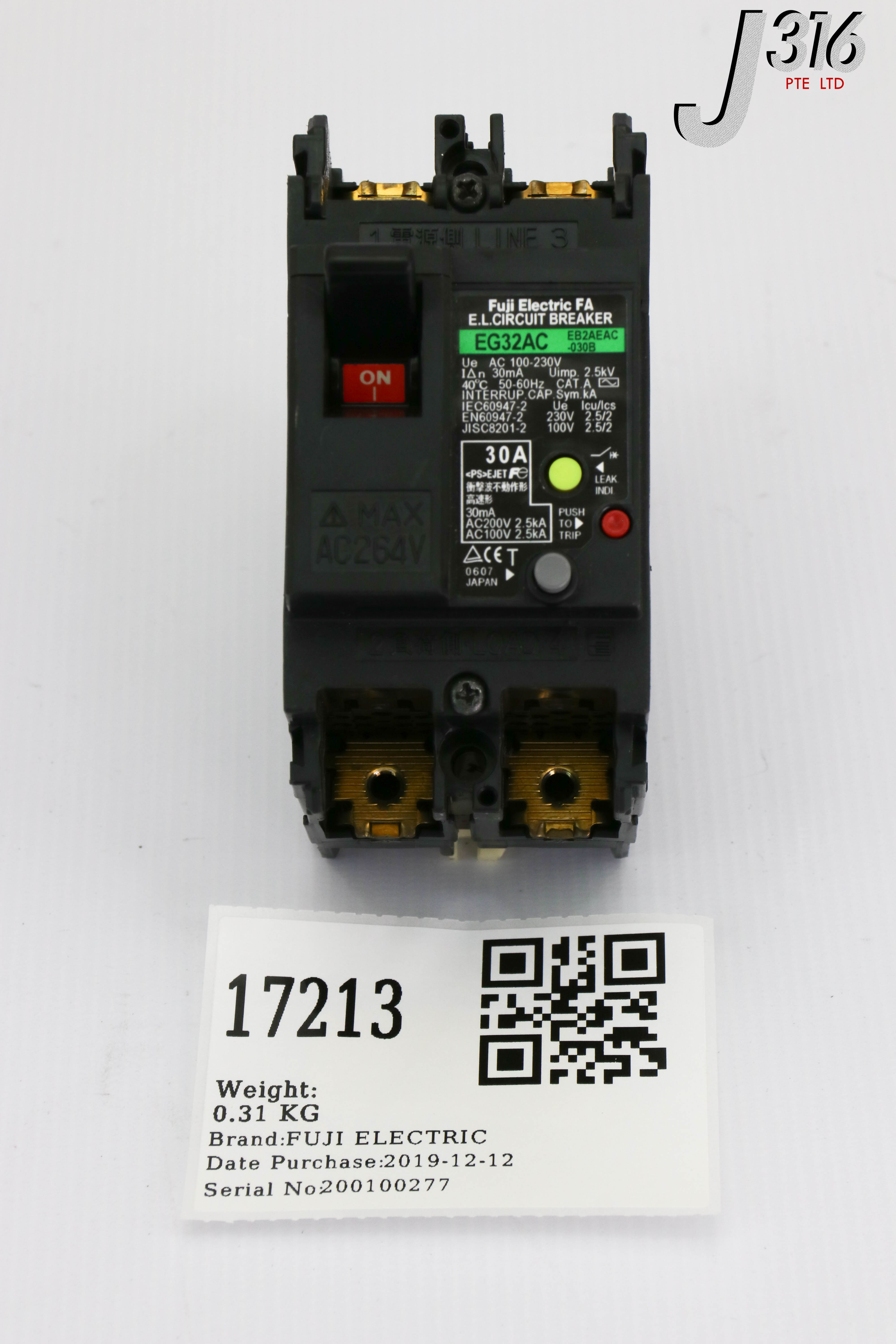 17213 FUJI ELECTRIC 2-POLE EARTH LEAKAGE CIRCUIT BREAKER, 30A